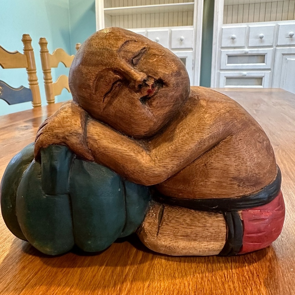 Vintage Hand Carved Hand Painted Wooden Resting Buddha